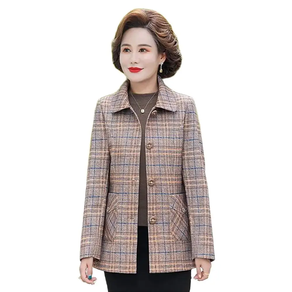

Middle-aged Mother Autumn Plaid Coat Fashion Rich Lady Casual Loose Coat Middle-aged And Old Women Spring And Autumn Windbreaker
