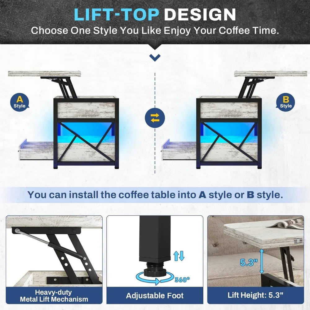 40" Lift Top Coffee Table, 4 in 1 White Coffee Tables with Storage for Living Room,Small Coffee Table with 2 Drawers & LED Light 5