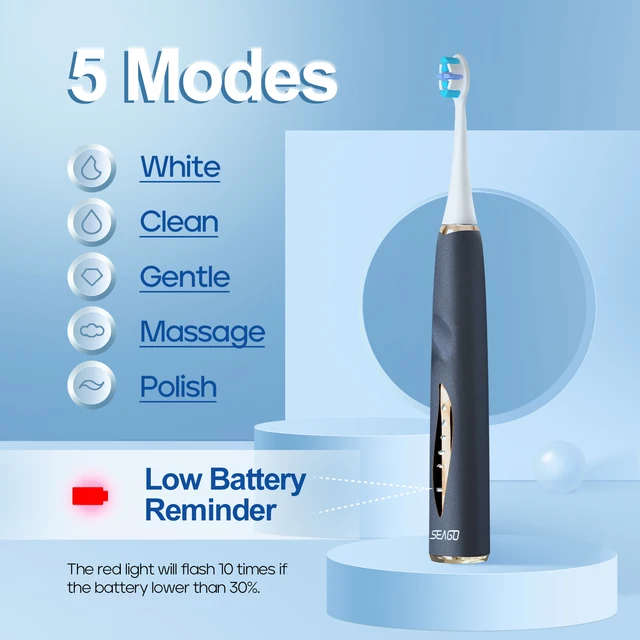 Seago Sonic Toothbrush Electric Toothbrush Seamless Touch Control Button Pressure Sensor 5 Modes IPX7 Waterproof Rechargeable 6