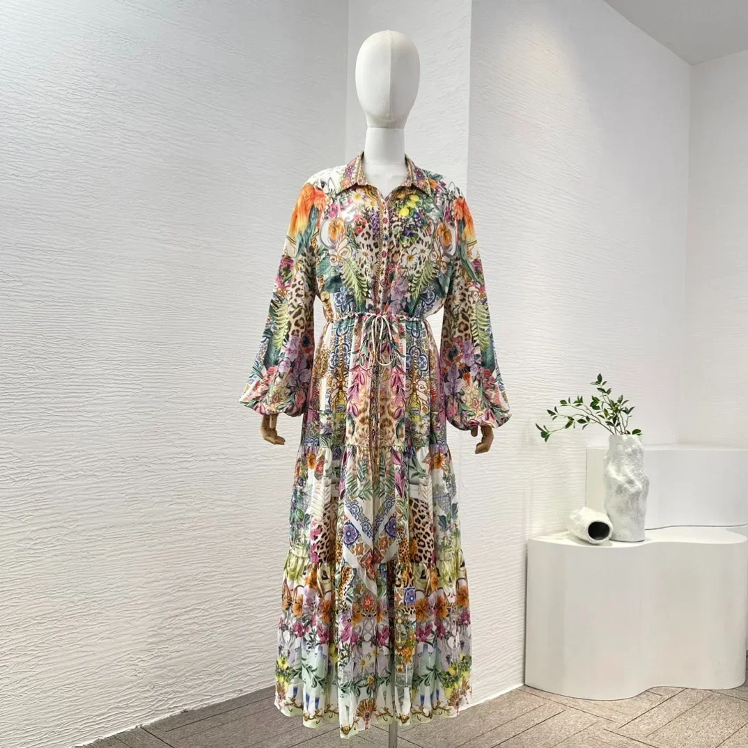 

Женское шелковое платье с длинным рукавом, разноцветное платье миди с отложным воротником и цветочным принтом в виде листьев, весна-лето 2024