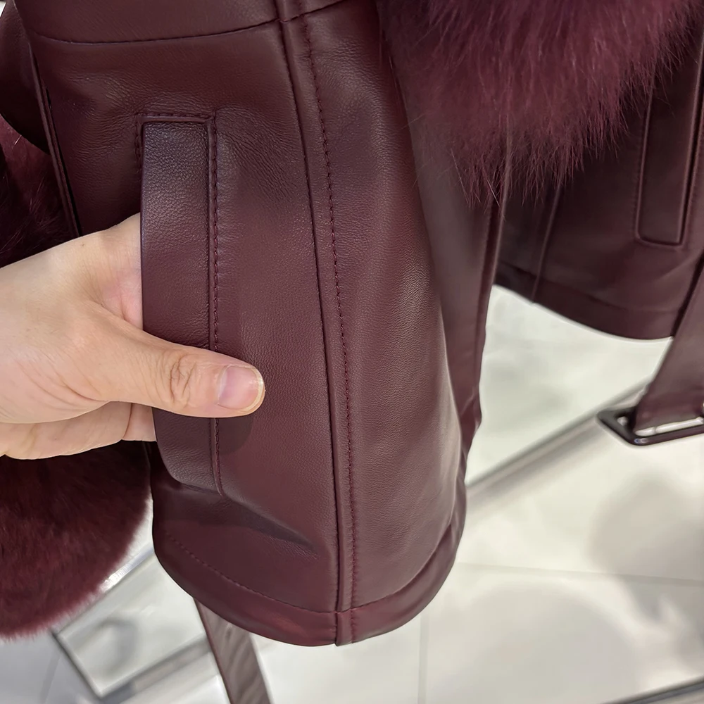 YOLOAgain Real Fox Fur Collar Genuine Leather Jacket Women