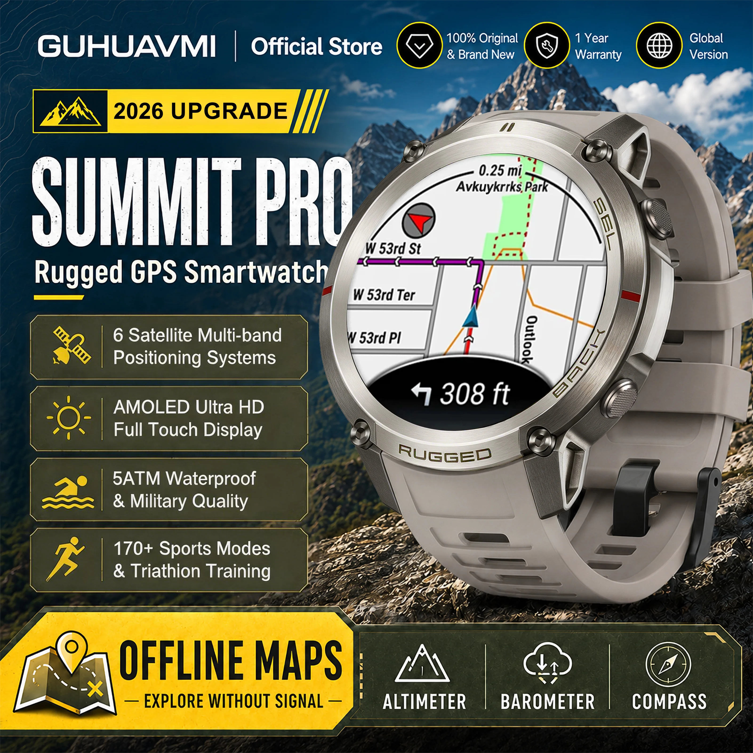 2026 Military Satellite Offline Map GPS Smart Watch Men 1.43”AMOLED Bluetooth