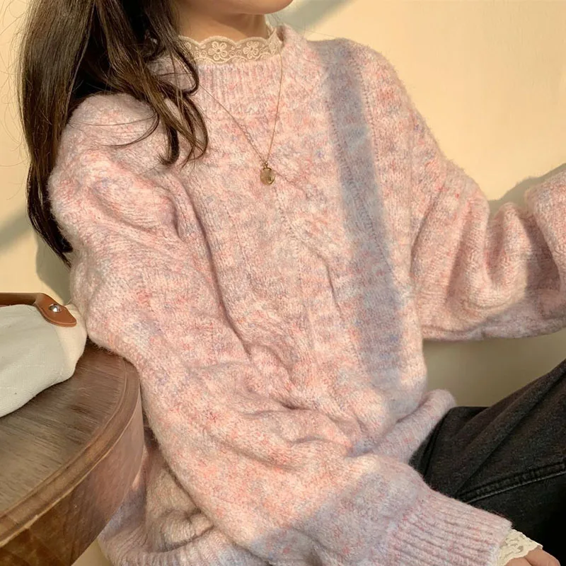 

Retro O Neck Women's Sweaters 2023 Spring Youth Style Straight Twist Sweater Woman Lazy Loose-fitting Knitting Pullover