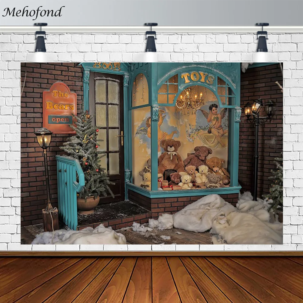 

Mehofond Christmas Decor Background Toy Store Window Bear Outdoor Snow Children Portrait Photography Photo Studio Photoshoot