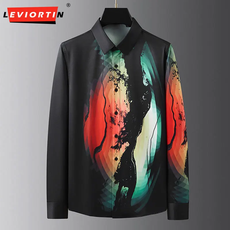 

2024 Fashion Brand Autumn/Winter Abstract Pattern Printed Men's Shirt Slim Fit Leisure Business Street Clothing Tailcoat Shirt