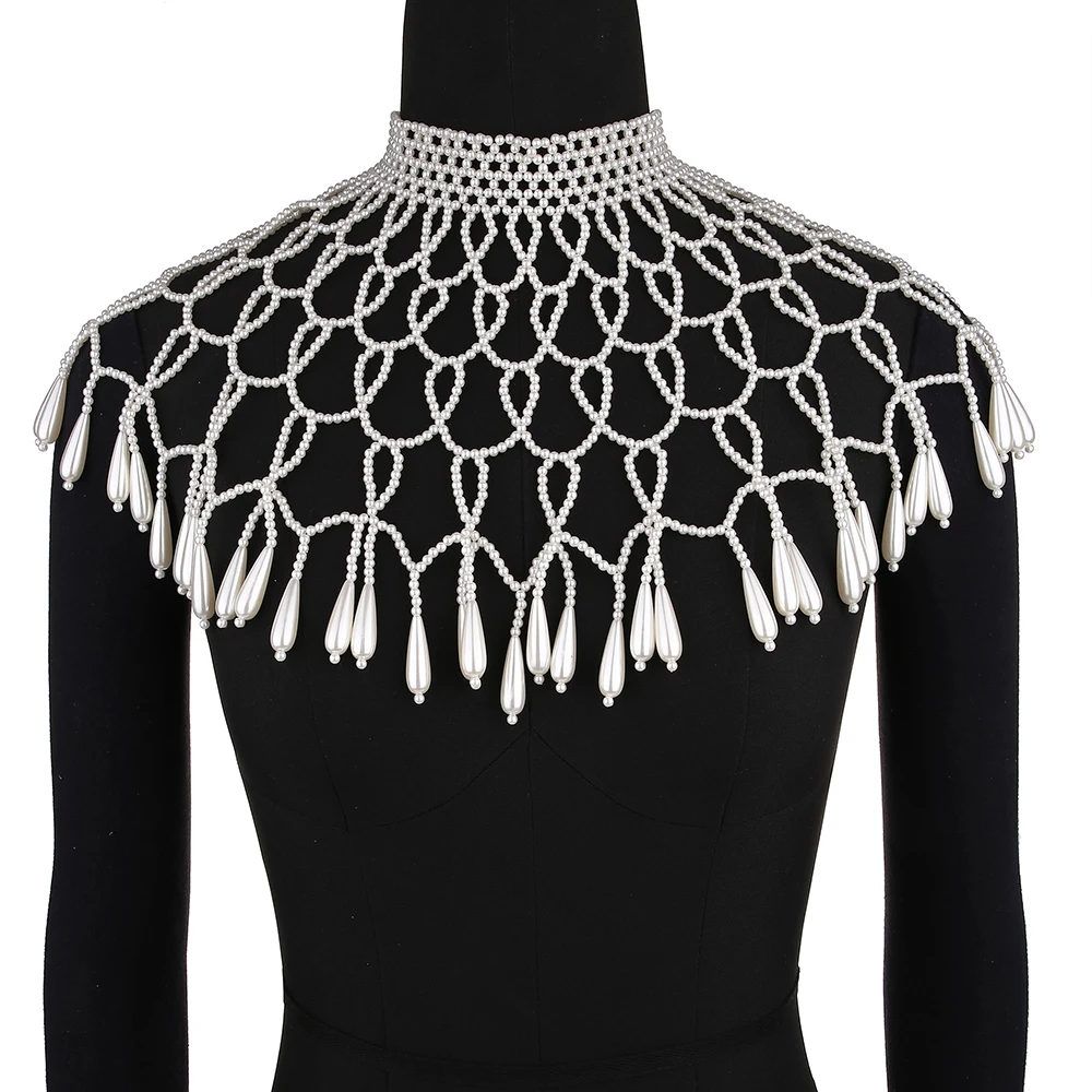 

Luxury Women's Banquet ABS Pearl Shawl Necklace Hand Woven Retro Beaded Sweater Chain Wedding Dress Accessories