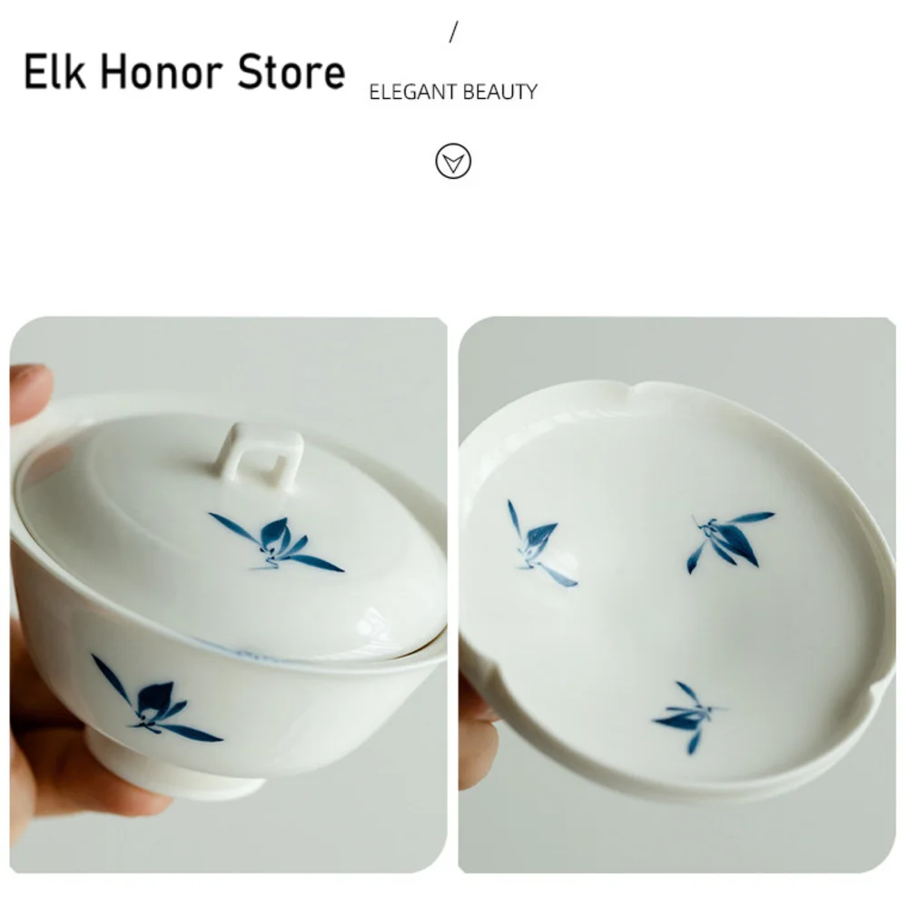 100ml Pure Hand-painted Butterfly Orchid Tea Tureen White Porcelain Ring Button Cover Bowl Tea Maker Gaiwan Kung Fu Teaware