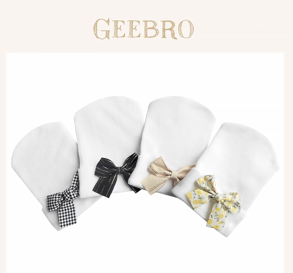 Geebro 0-3 Monate Neugeborenen Baby Mädchen Gedruckt Bogen Baumwolle Beanie Jungen Kids Sterne weiß Stricken hut Neue geboren baby Zubehör Zeug – Detail 1