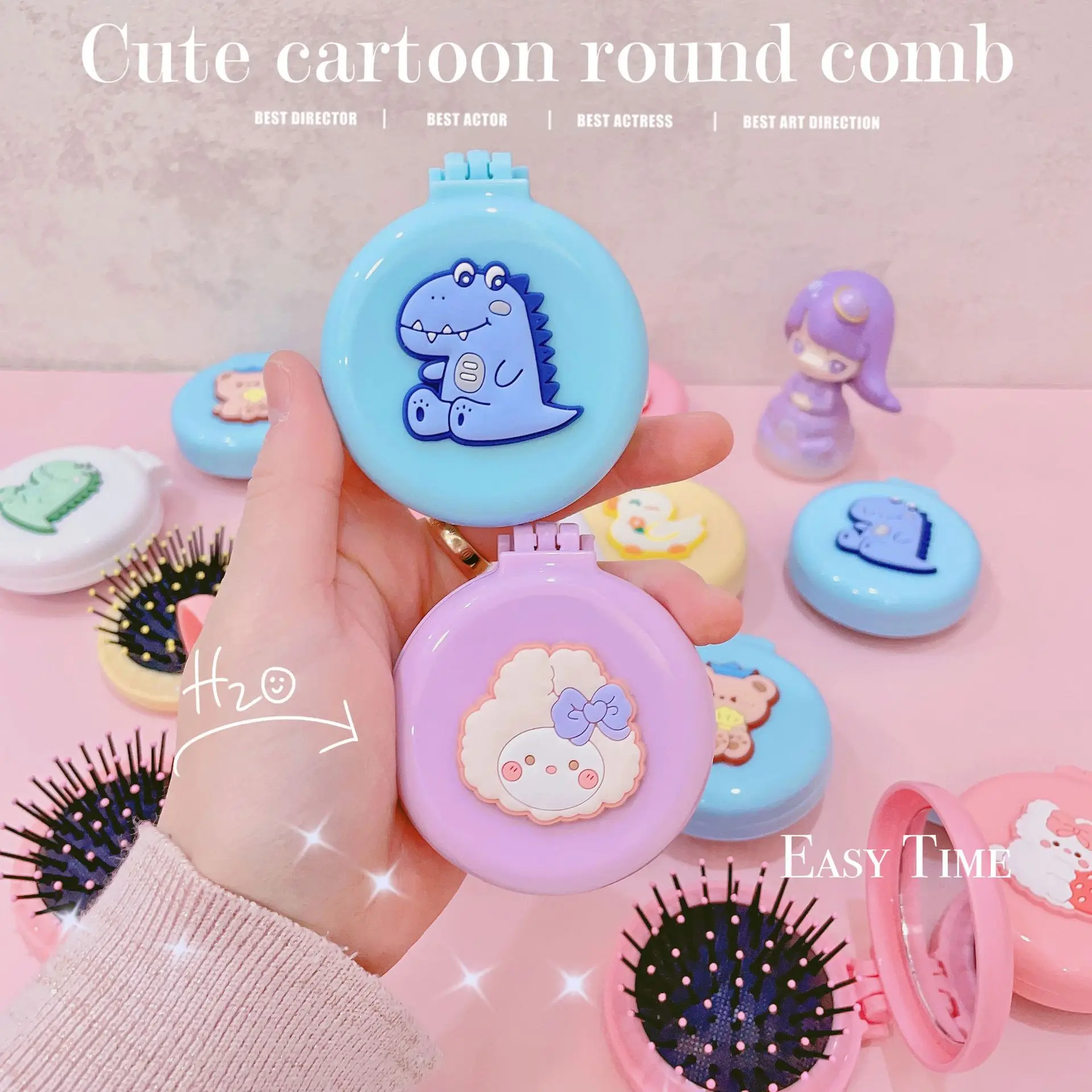 

1PC Cute Cartoon Makeup Comb Mirror Folding Massage Hair Brush Round Mini Airbag Comb with Mirror Travel Comb Handheld Mirror