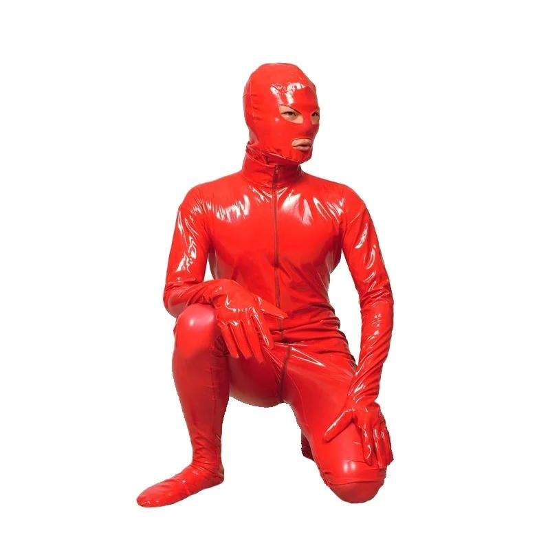 Glossy PVC Leather Zipper Zentai for Men, Masked Cosplay Catsuit, Full Body, Open Eyes, Mouth Jumpsuit, Halloween Costume