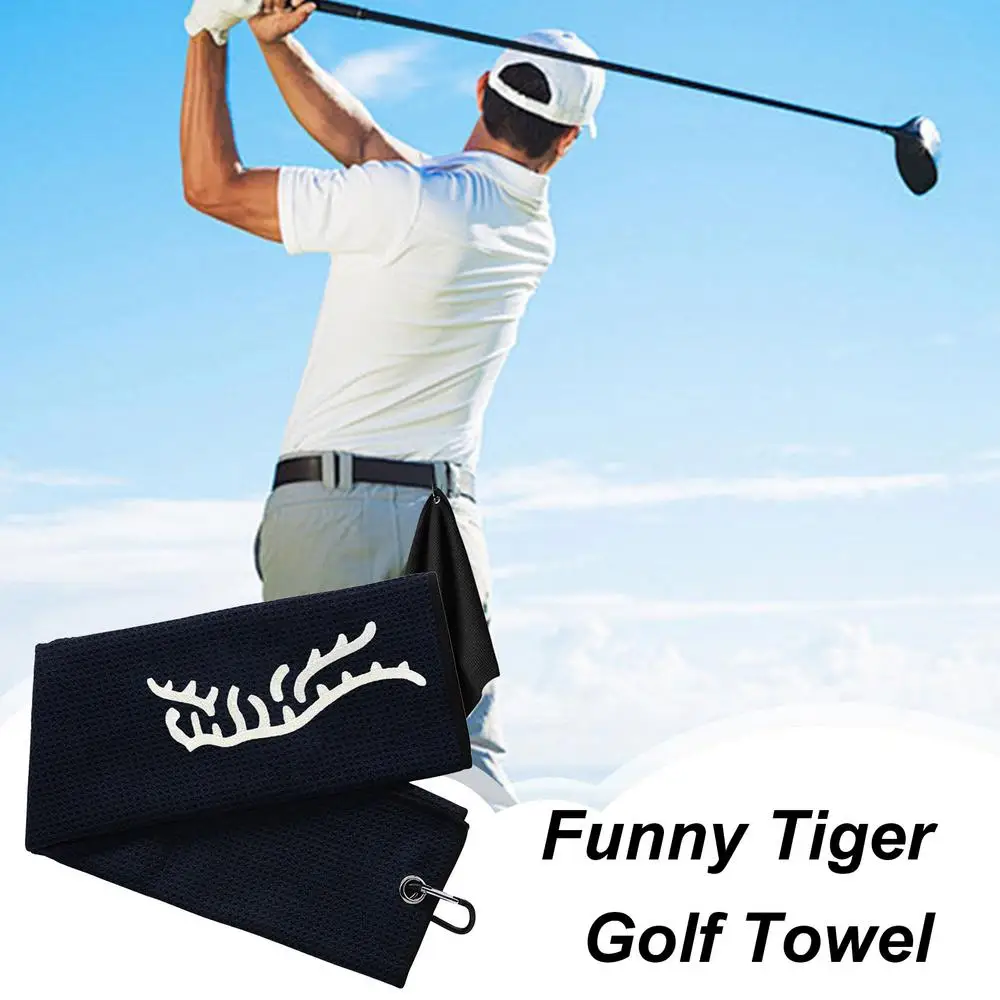 Description Picture 5 of itemblack funny Tiger Embroidered Golf Towel, Microfiber, Polyester and Nylon, Hand Wash Only, Blue, Waffle Texture, Soft Material