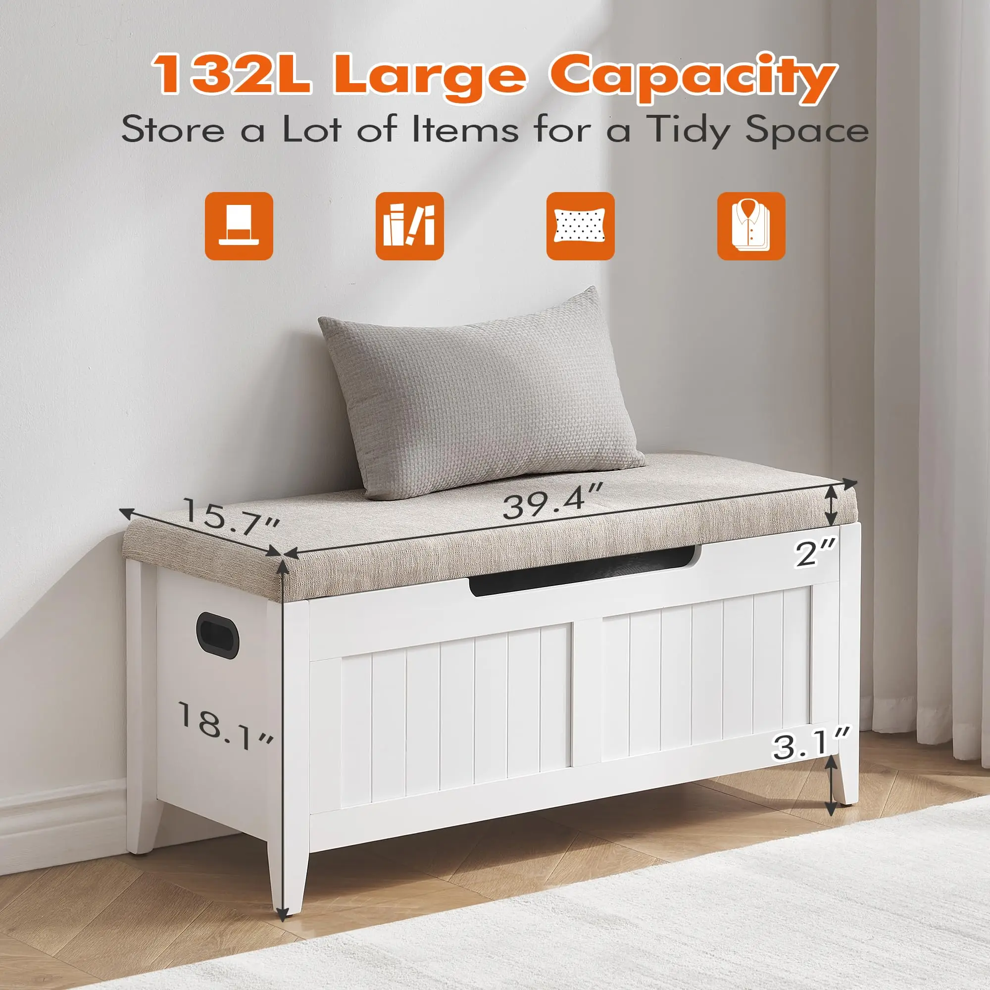 Storage Bench, 39.4” Wooden Chest Storage Box with 2 Safety Hinges, Entryway Benches with Flip-Top, Large Trunk for Living Room,