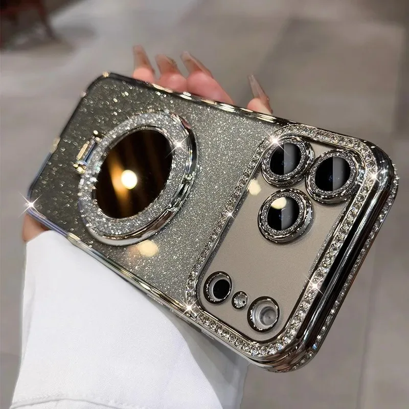 Luxury Diamond Clear Glitter MagSafe Case with Mirror Magnetic Phone Holder and Stand