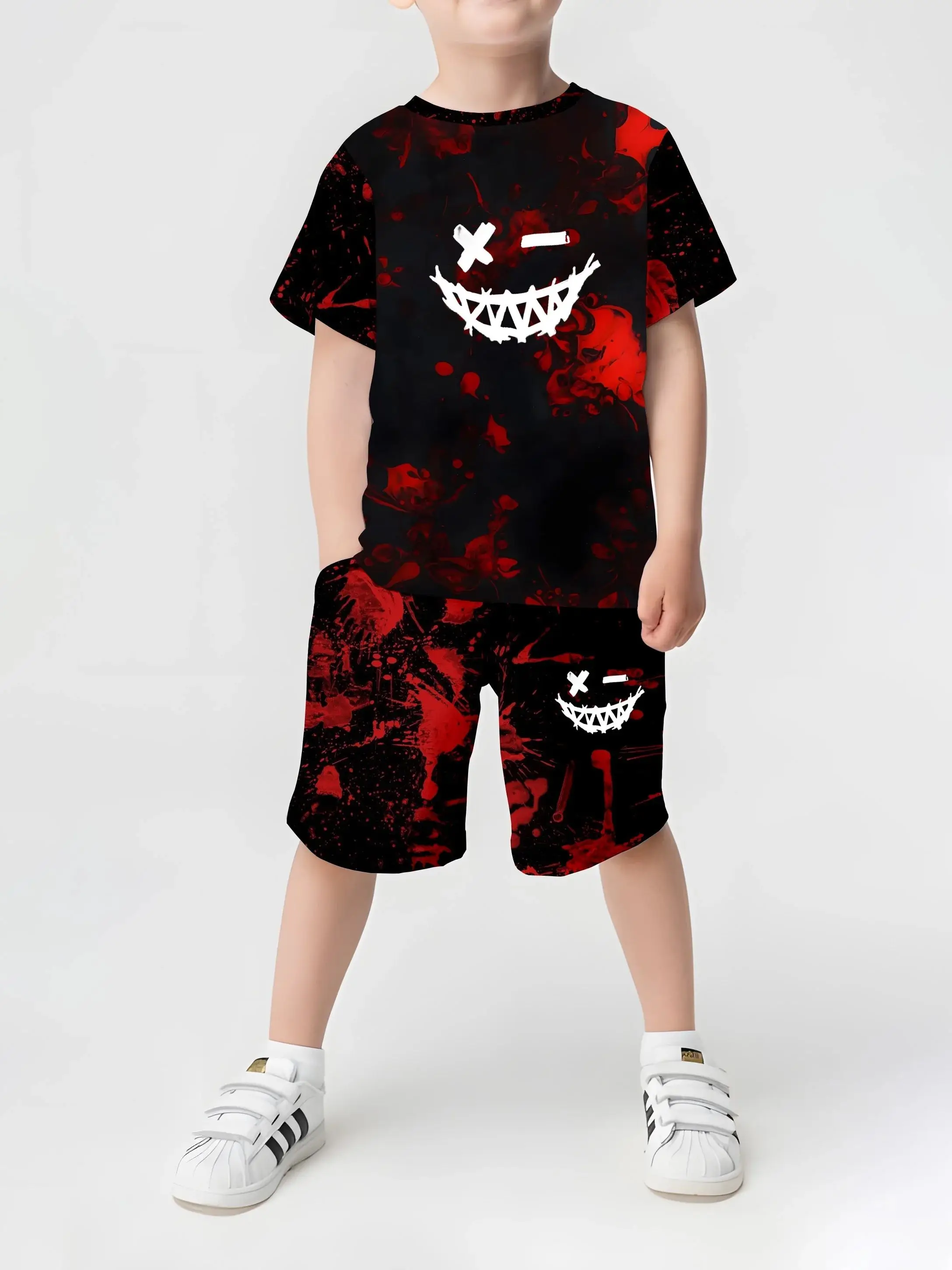 2025 kids summer outfit – short sleeve T-shirt with 3D crown print and shorts for boys and girls. black and red