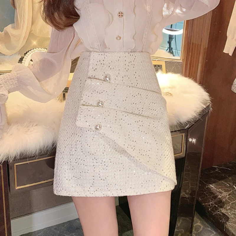 

Autumn and Winter Skirt High Grade Celebrity Temperament Tweed Sequins High Waist Slim Pleated Short Skirt A-line Skirt Women