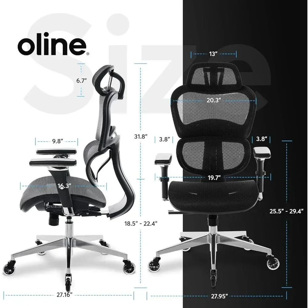 "ergonomic mesh office chair with 4d armrests, 3d lumbar support, and blade wheels"