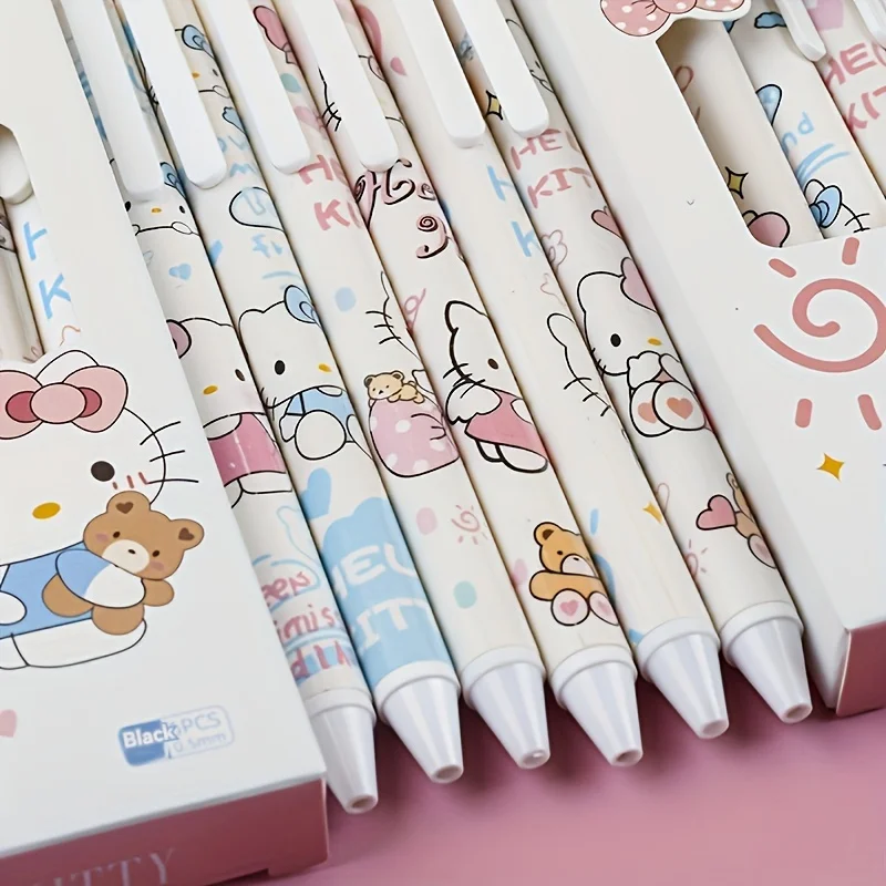 MINISO Sanrio Kitty 스테인레스 스틸 중립 펜, 0.5mm 검정 잉크, 빠른 건조, 부드러운 쓰기, 귀여운 개폐식 학생 펜