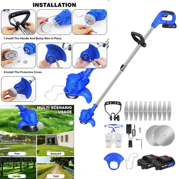 21 V Battery Grass Trimmer with 2 Batteries with Rotating Handle, Cordless Grass Trimmer for Garden, Yard