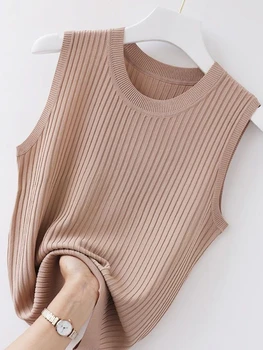 قميص قصير نسائي مريح بلون سادة لعام 2025، قميص صيفي محبوك أبيض قصير بدون أكمام 4