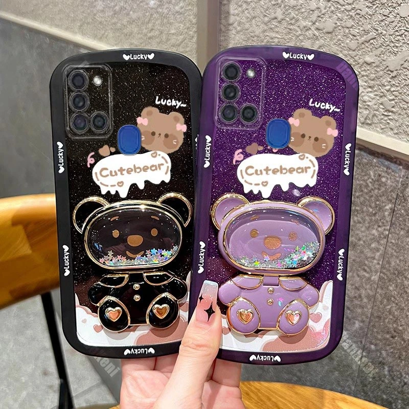 

Bear Makeup Mirror Silicone Holder Phone Case For Samsung Galaxy A21S A23 A30S A22 A30 A32 A33 A52S A20S A34 A50S A14 A13 Cover