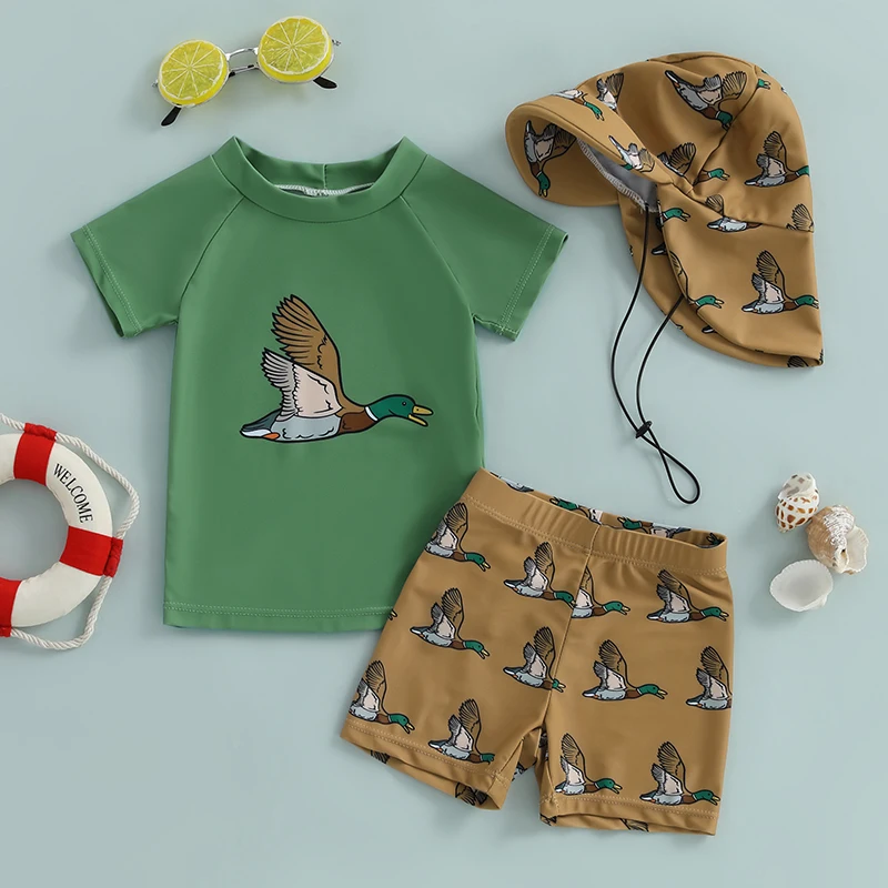 Toddler Baby Boys Rash Guard Swimsuit Set Shark/Duck Print Short Sleeve Round Neck Tops with Shorts and Swim Hat 3 Pcs Set kids swimsuits boys swim shorts