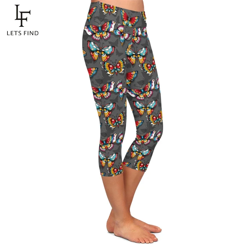 High Waist  Butterfly Print  Capri Leggings Women Fashion Mid-Calf 3/4 Trousers Stretch Pants Women Summer