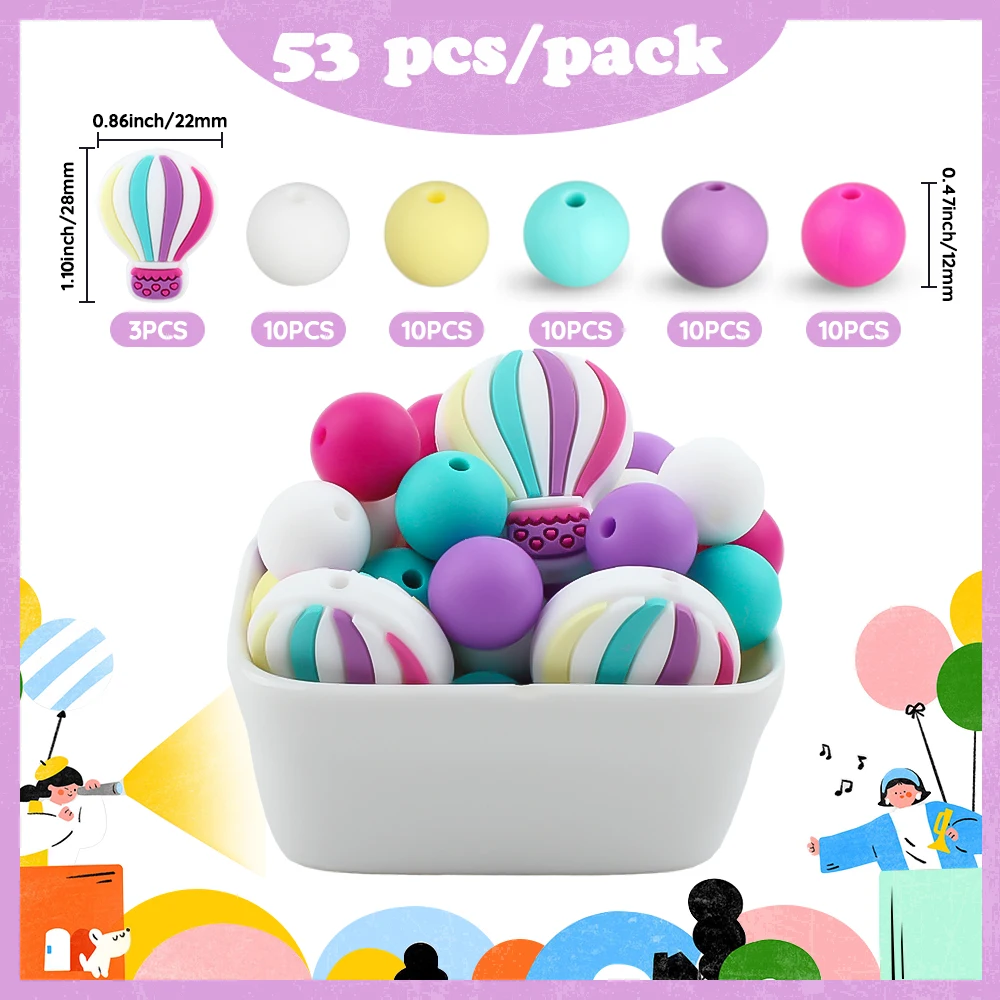 

53Pcs/Set Silicone Beads Hot air balloon Round Focal Beads Teething Set DIY Pacifier Chain Pen Jewelery Keychain Accessories