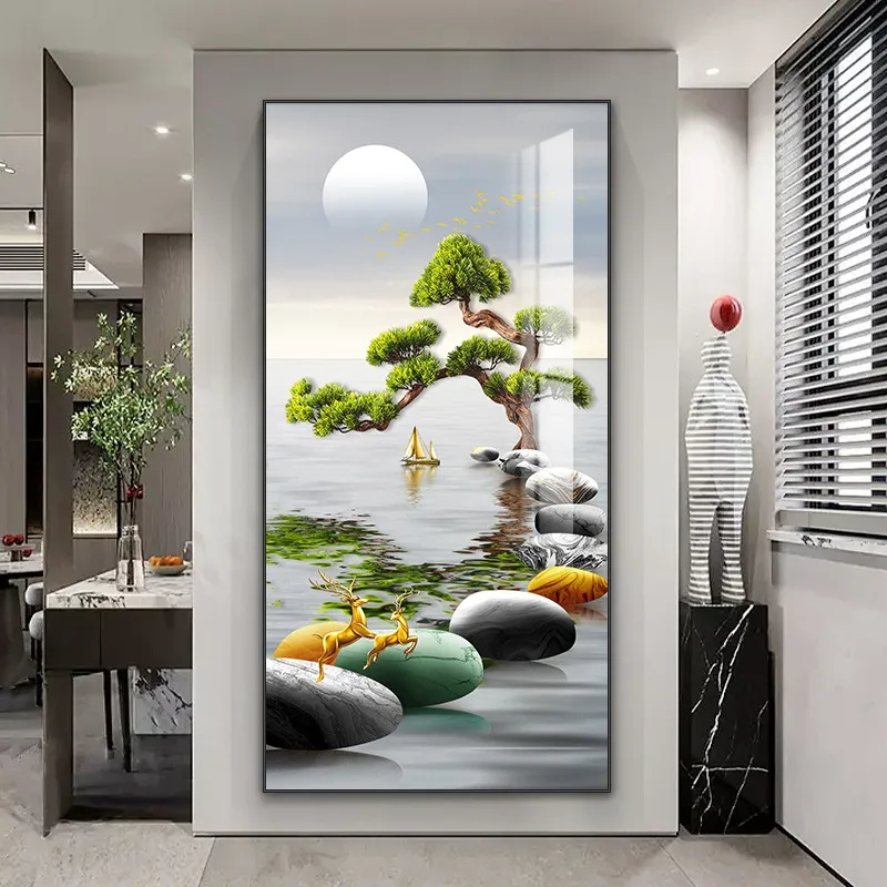 추상 풍부한 나무 캔버스 그림, 젠 스톤 골든 트리 포스터 인쇄, 풍수 벽 예술, 베란다 거실 장식 프레임 없음