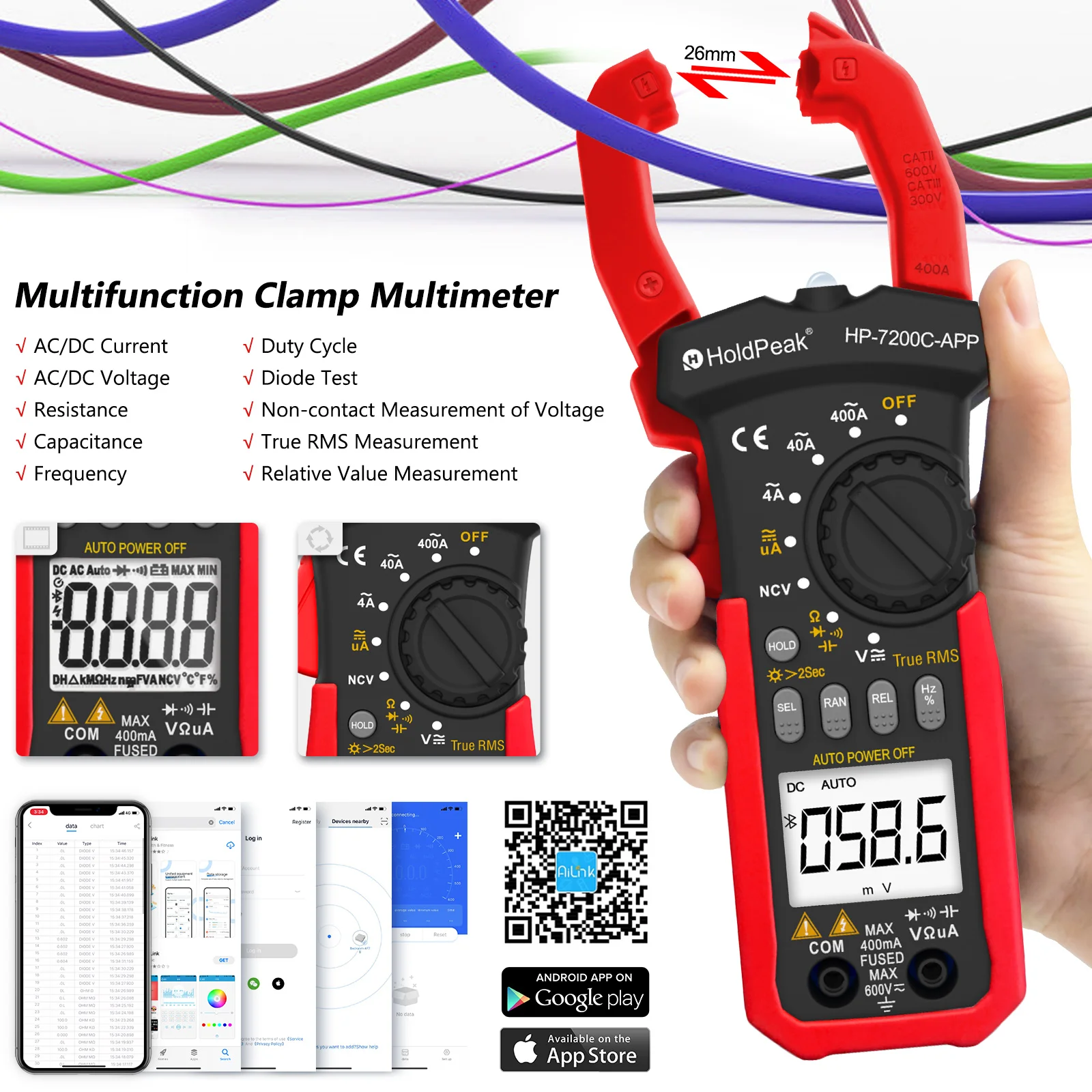 HoldPeak HP-7200C 4000 Counts AC True-RMS Clamp Multimeter with APP, Bluetooth, 600V CATII, 400A, for Voltage/Current/Resistance