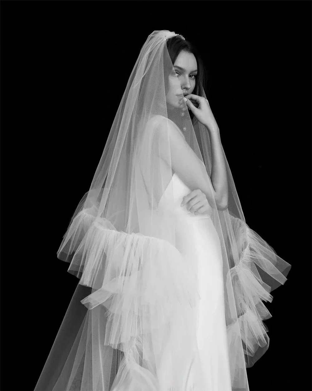 Long Ruffle Veil Bridal Veil with Blusher Bride Long 2 Tiers Puffy Ruffled Edge Soft Fluffy Wedding Veu de Noiva