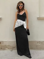 Tossy Lace Patchwork Printed Long Dress For Women Summer Slim Fashion V-Neck Spaghetti Backless Dress Female Halter Dresses 2025