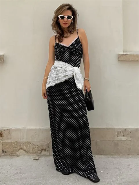 Tossy Lace Patchwork Printed Long Dress For Women Summer Slim Fashion V-Neck Spaghetti Backless Dress Female Halter Dresses 2025