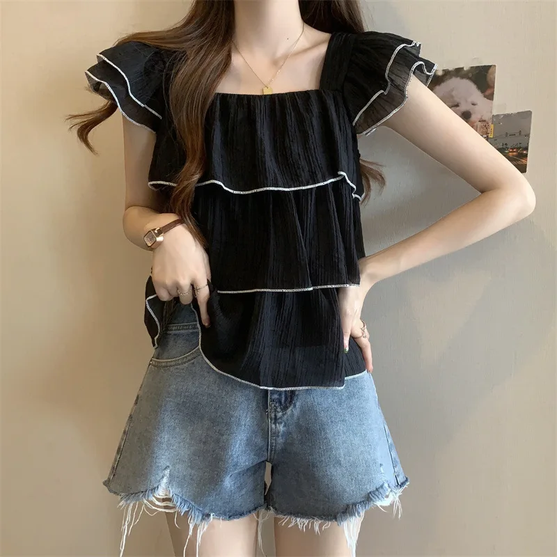 

Fashion New Women Chiffon Shirt Summer Square Neck Ruffles Baby Shirt Flying Sleeve Patchwork Contrasting Colors Casual Tops