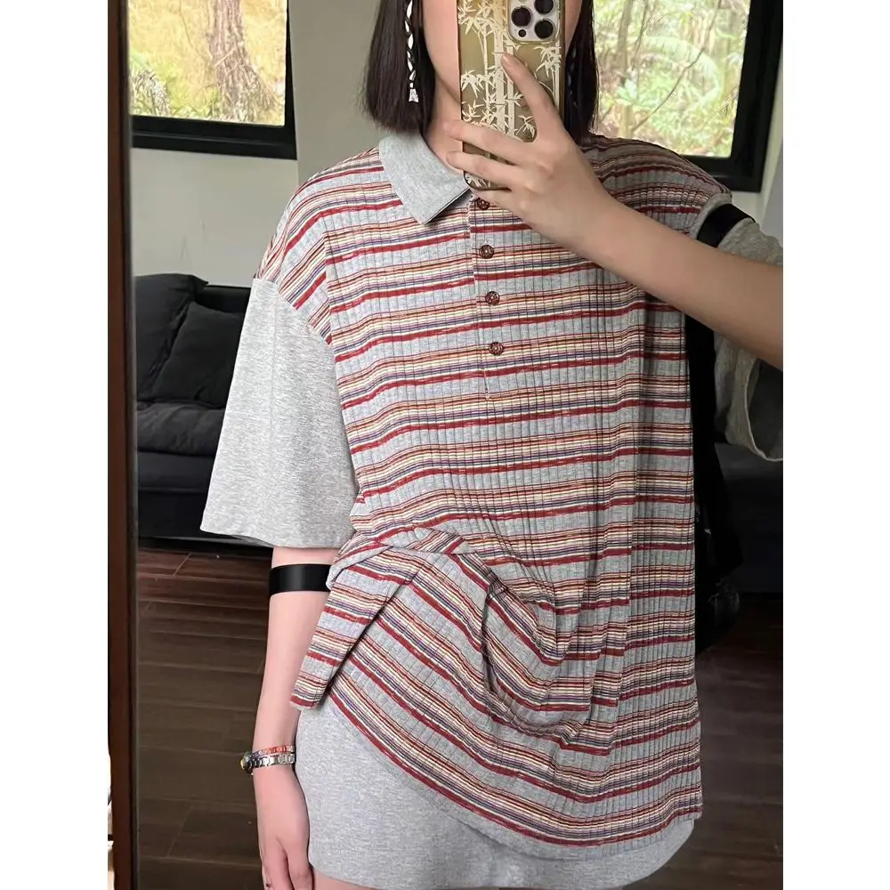 

Contrast Color Patchwork Japanese Loose Women T-shirt Rainbow Striped Turn Down Collar Tshirt Summer Preppy Casual Y2k Tee Shirt