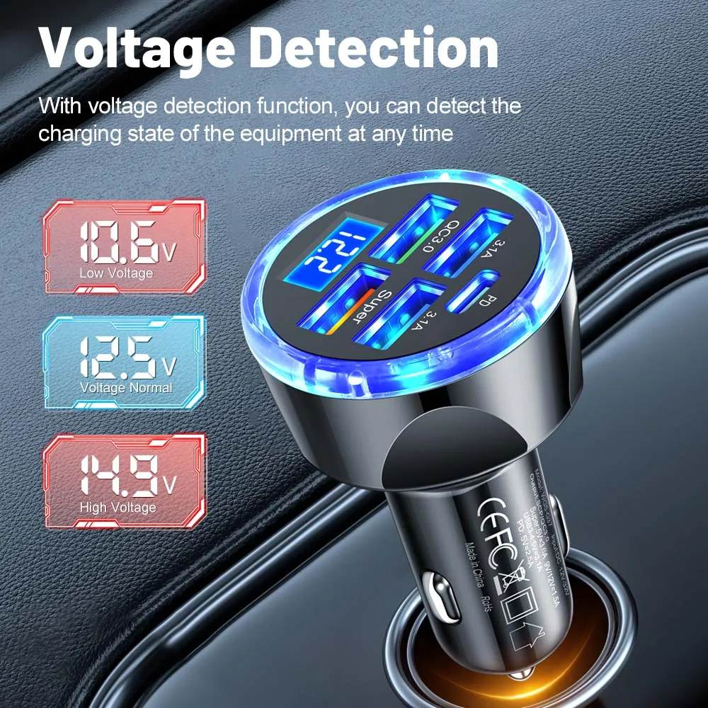 4usb PD 250W Car Charger Type C Fast Charging Auto Mobile Phone Adapter For iPhone Samsung Huawei Xiaomi QC 3.0