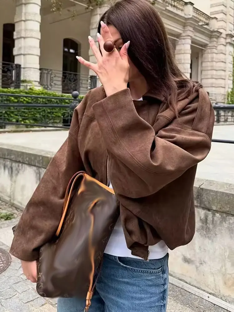 HH Women Fashion Coffee Brown Faux Suede Coat Long Sleeve Zipper Bomber Jacket Office Lady Loose Casual Oversize Jackets