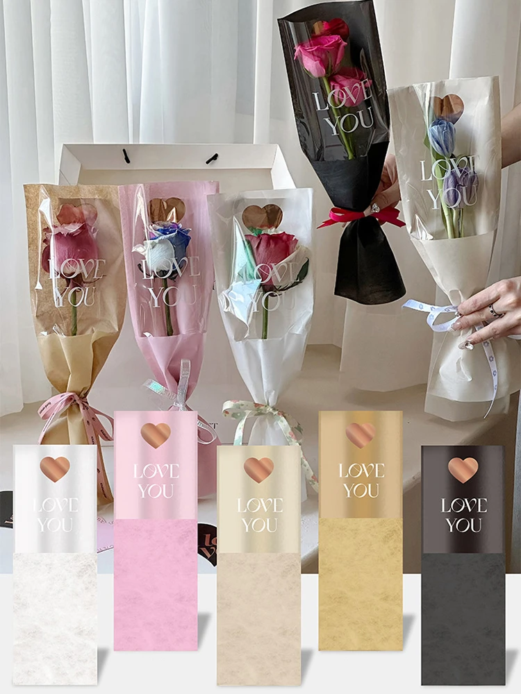 50Pcs Pink Kraft Paper Flower Wrapping Sleeves - Clear Plastic Single Rose Bouquet Bags 5x15.75