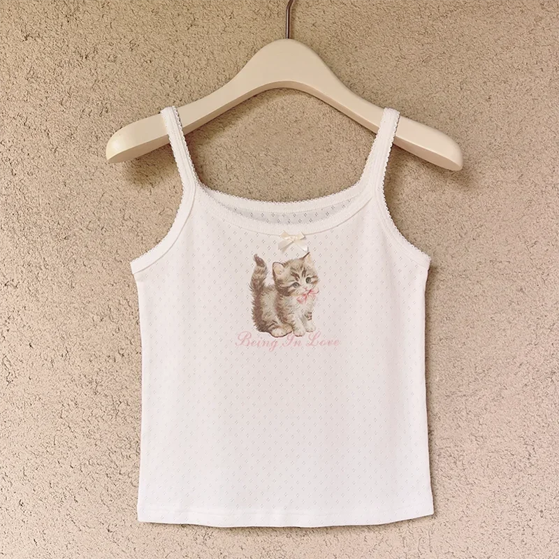 Cute Tops Donna Estate 2023 Cotone Camis Pink Bow Cat Print Crop Top Lavorato A Maglia Per Sweet Girl Lolita Style Kawaii Clothes
