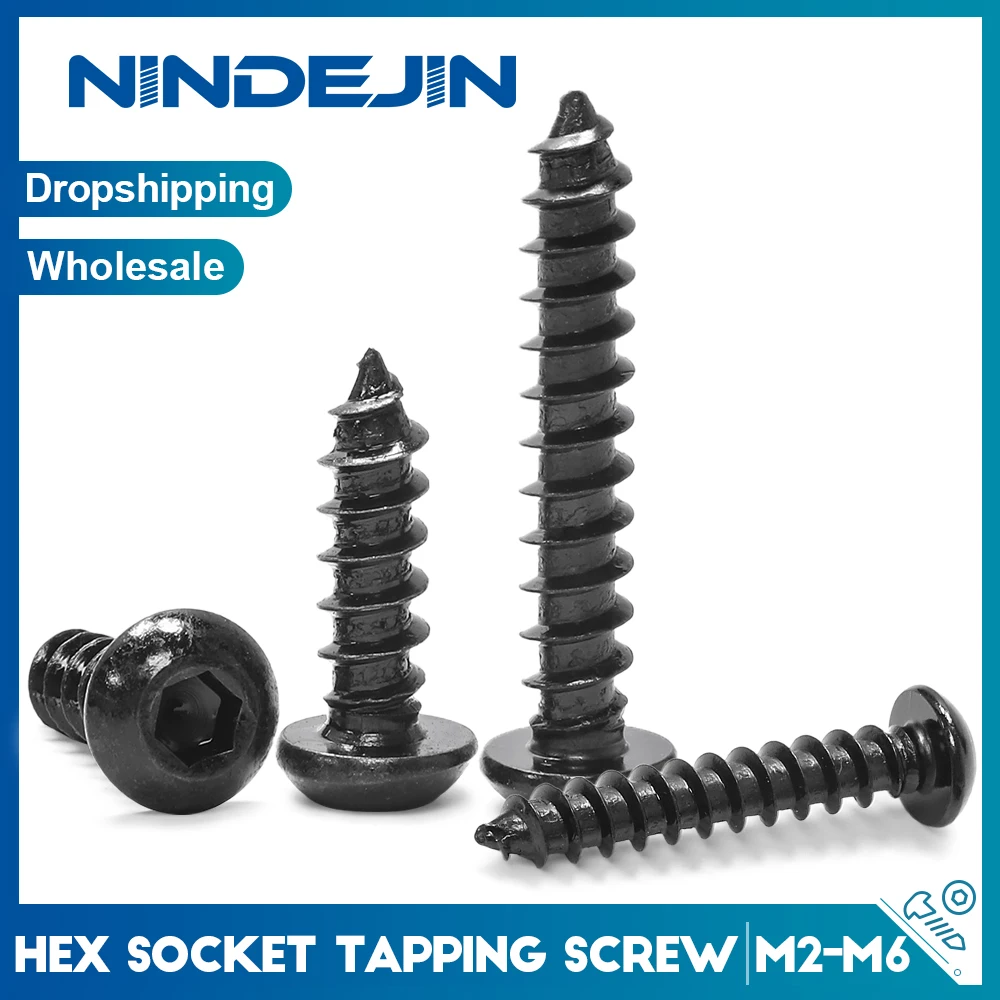 NINDEJIN 10-100pcs kolo knoflík hlava šestihranná sebe tapping lodní šroub M2 M2.5 M3 M3.5 M4 M5 M6 uhlík ocel imbusový šestihranná nástrčkový dřevo šrouby