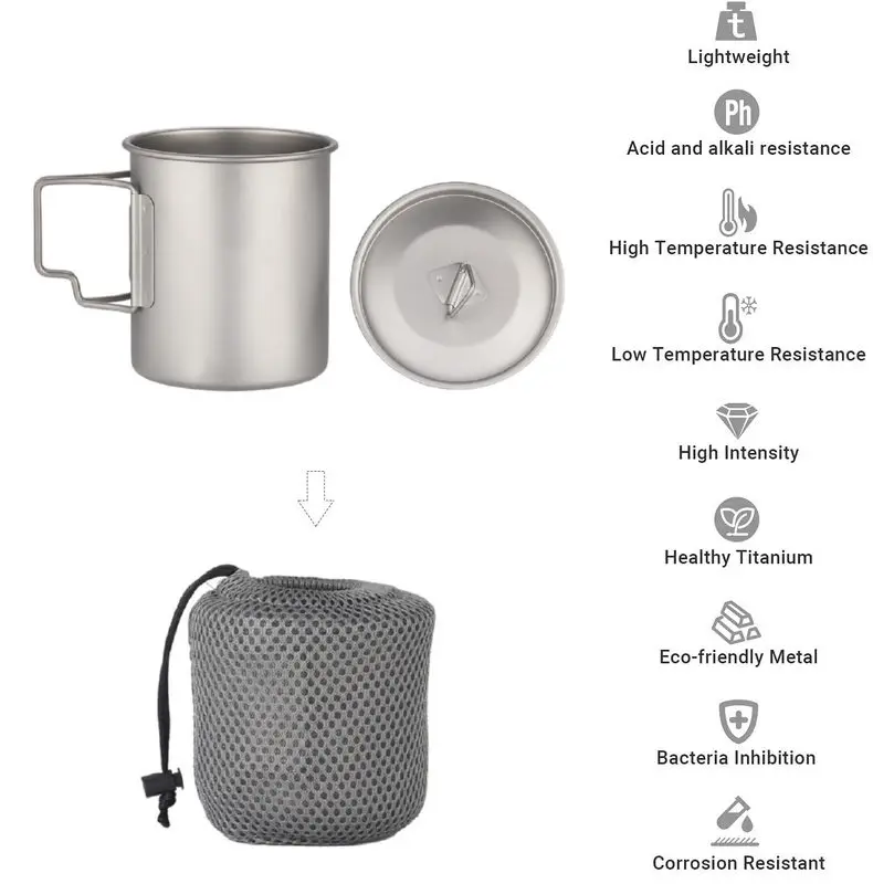 900ML Ultralight Titanium Cup Water Cup Mug With Lid Foldable Handle Outdoor Portable Camping Picnic Beaker Coffee Kitchen