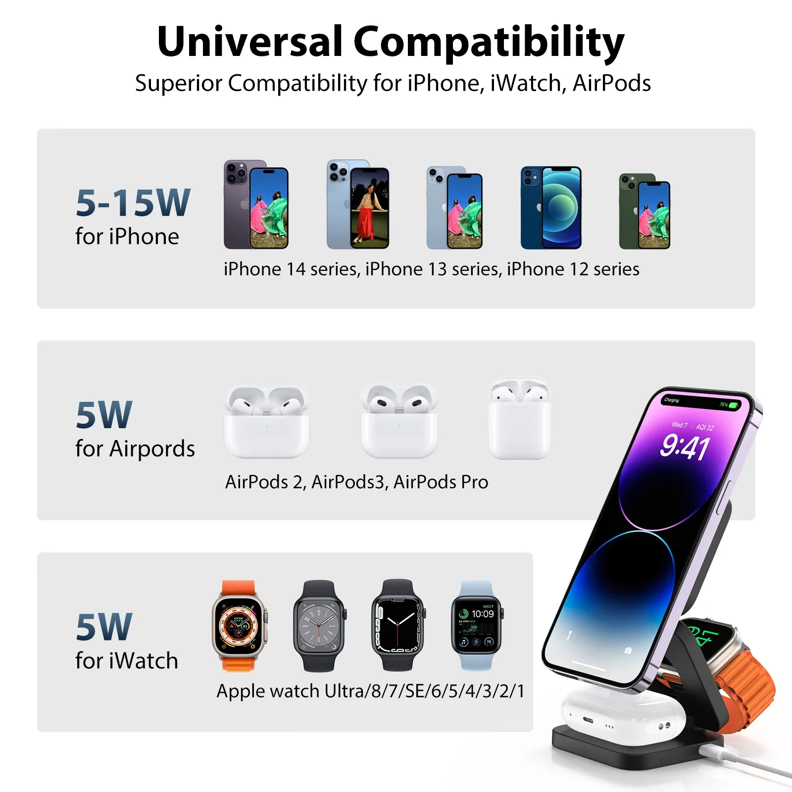 Foldable 3 in 1 Magnetic Hold Charging Station for Apple,For iPhone 15/14/13/12 Pro/Max,5W for Apple Watch, AirPods 3/2/Pro