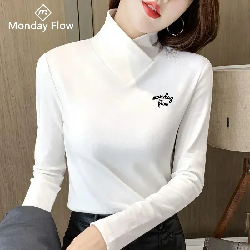Mondayflow Spring Tennis Women's Long Sleeve T-shirt Plush Warm Elastic Bottom Shirts Half High Neck Fashion Golf Sports T-shirt
