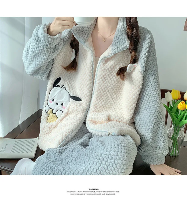 Pochacco Pajamas Kawaii Sanrio Cute Girl Coral Fleece Thicken Keep Warm Tracksuit Set
