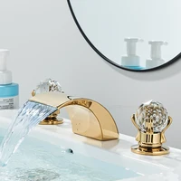 LED Widespread Bathroom Faucet Waterfall Gold Polished Lavatory Faucets Basin Mixer Tap 2 Crystal Knobs 3 Holes 1
