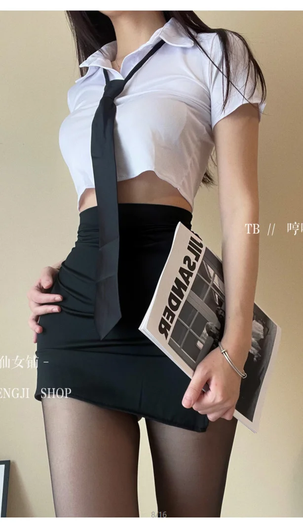 여성 비서 하이웨이스트 랩 엉덩이 짧은 치마, 유혹적인 역할 놀이 교사 셔츠, 섹시한 유혹 세트, 여름 유니폼, KPS5