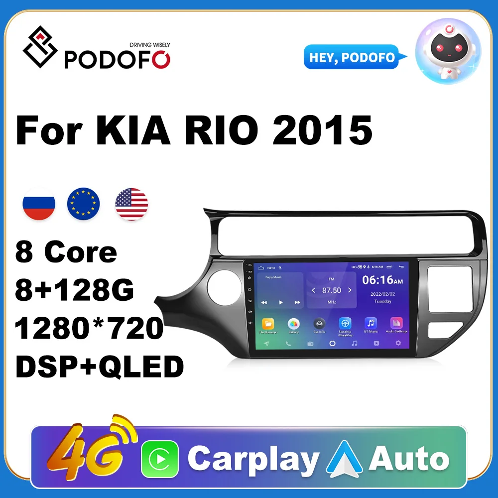 

Podofo AI Voice Android Carplay Car Radio For KIA RIO 2015 Din Android Auto 4G Multimedia Player Navigation GPS autoradio DSP