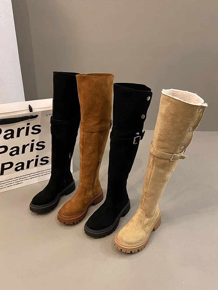 

Женские сапоги с круглым носком, зимние сапоги на молнии, привлекательные сапоги до бедра на высоком каблуке, женские сапоги выше колена в стиле "Лолита", кожаные сапоги на среднем каблуке, 2023