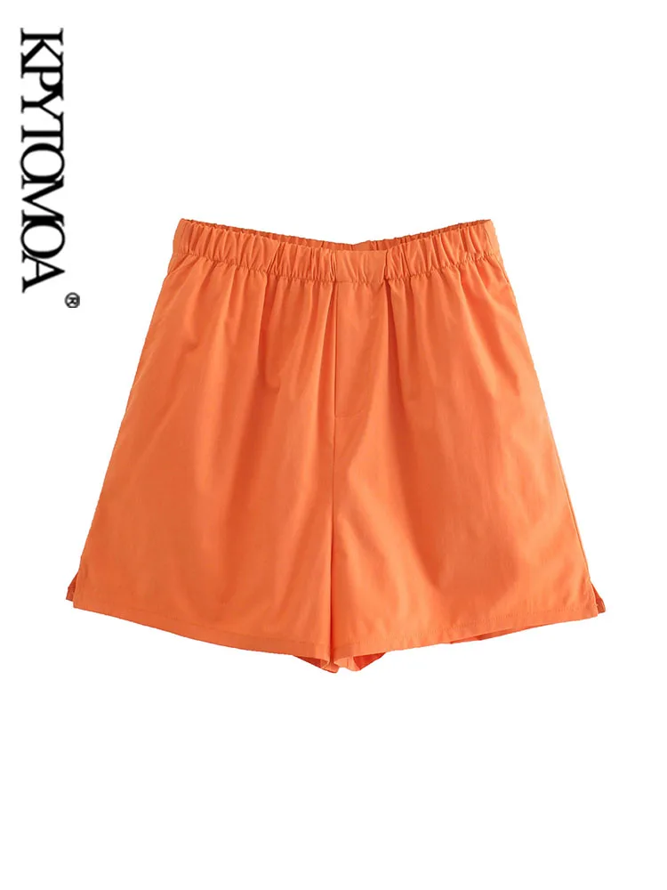 

KPYTOMOA Women Fashion Side Pockets Poplin Shorts Vintage High Waist With Elastic Waistband Female Short Pants Mujer
