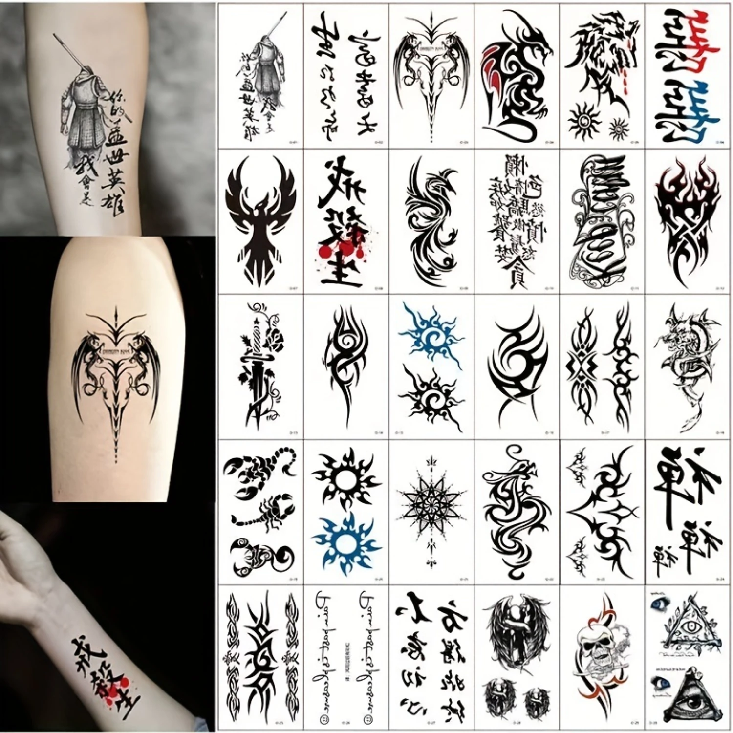 30-Pack Realistic Temporary Tattoos-Waterproof & Long-Lasting Chinese Abstract Designs for Arms, Legs & Back-Adult-Friendly,
