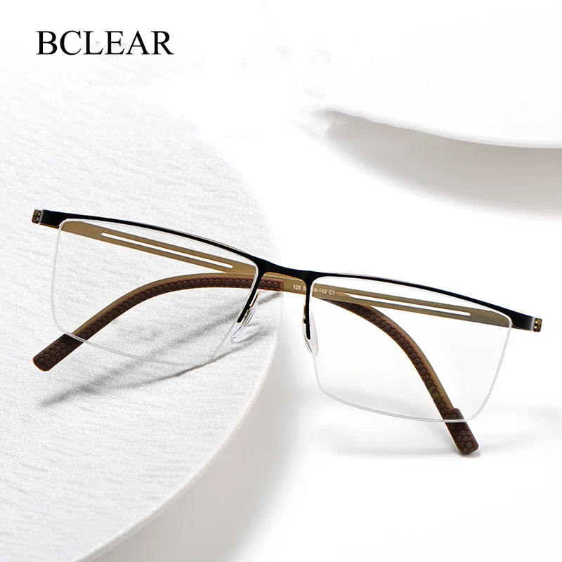 

BCLEAR Titanium Optical Glasses Frame Men Ultralight Square Myopia Prescription Eyeglasses Metal Half Rim Spring Hinge Eyewear